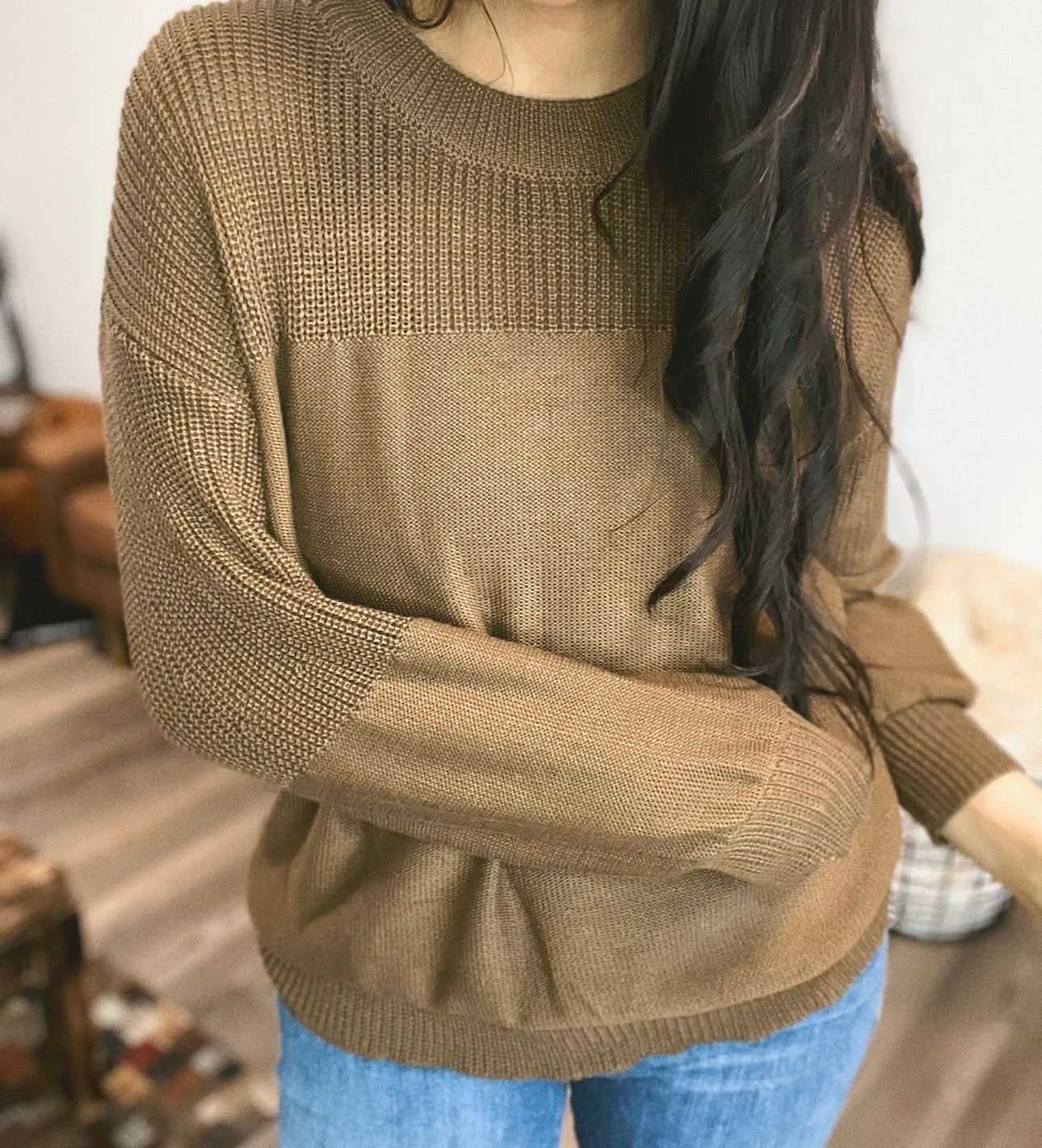 Loose solid color flat-neck knitted sweater