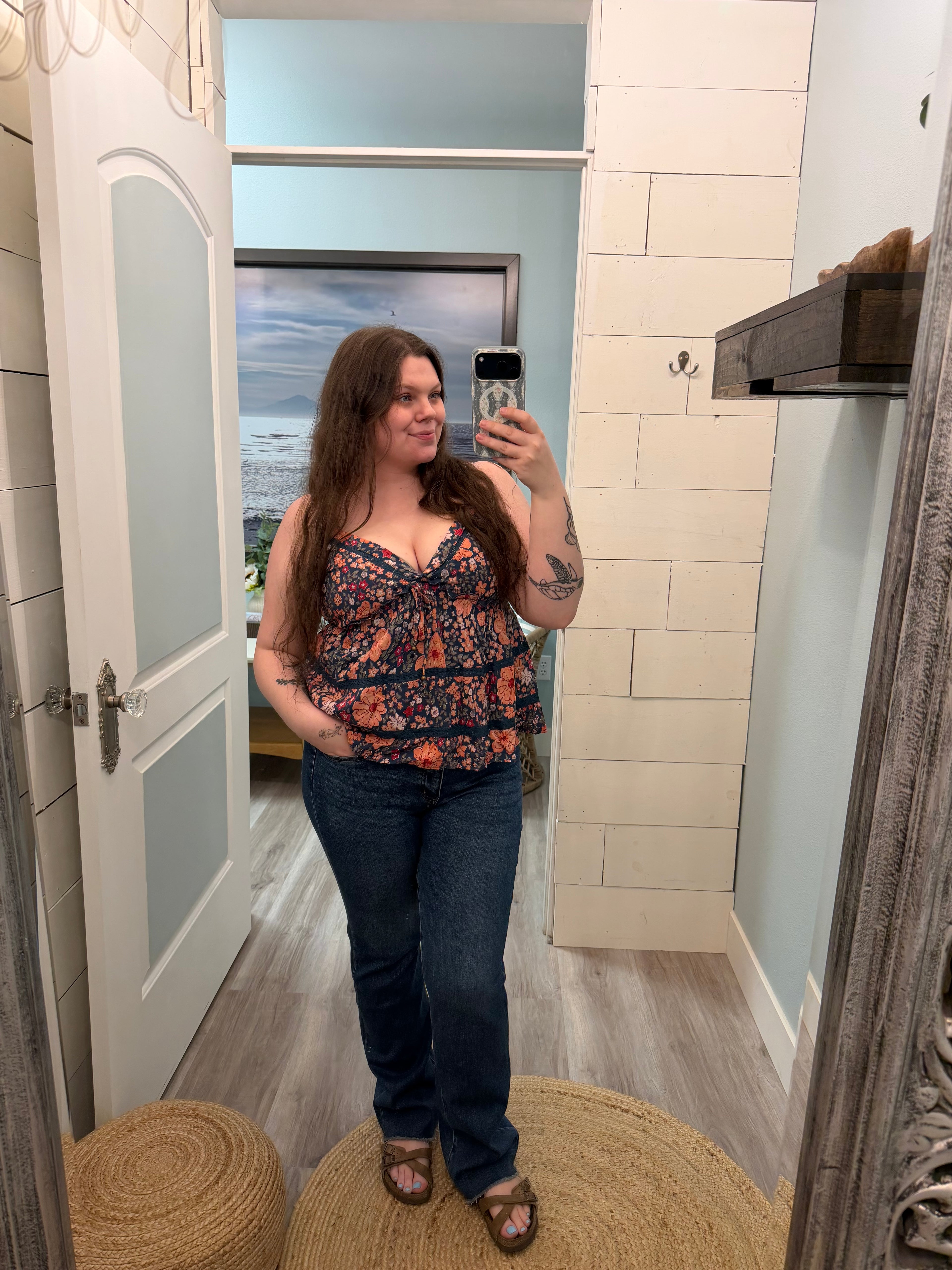 V NECK FLORAL PRINT LACE TRIM TIERED TANK TOP