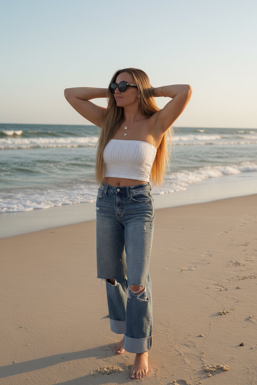 SUPER HIGH RISE DOUBLE CUFFED BAGGY WIDE JEANS