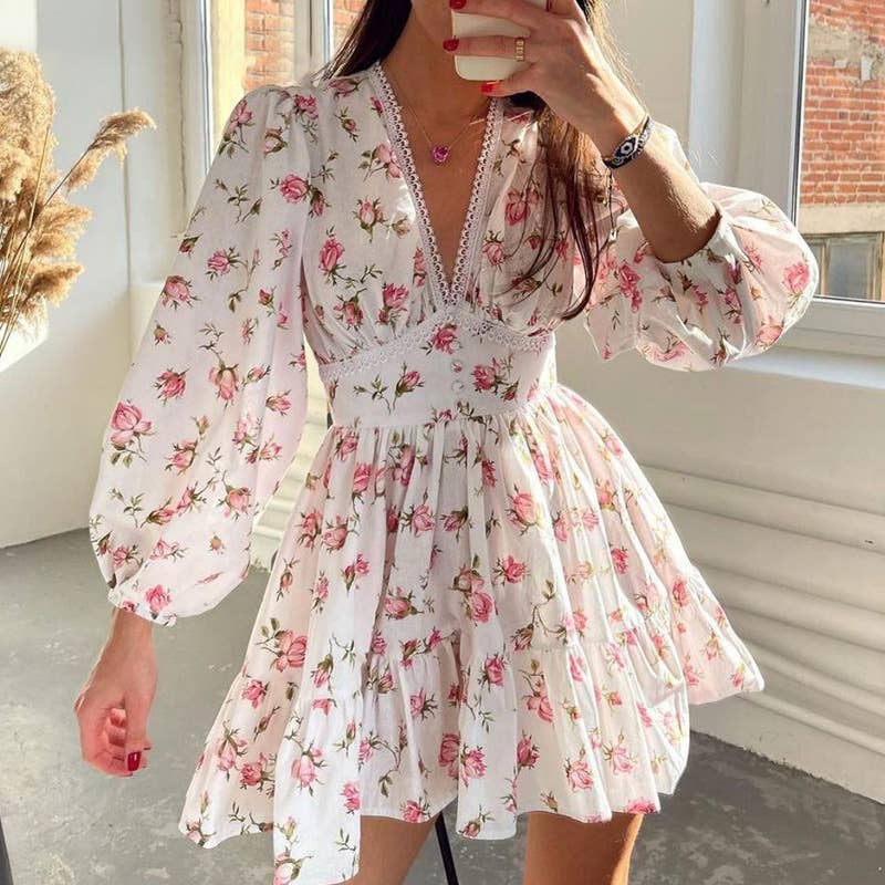 V-Neck Lace Floral Print Cropped Long-Sleeved Dress