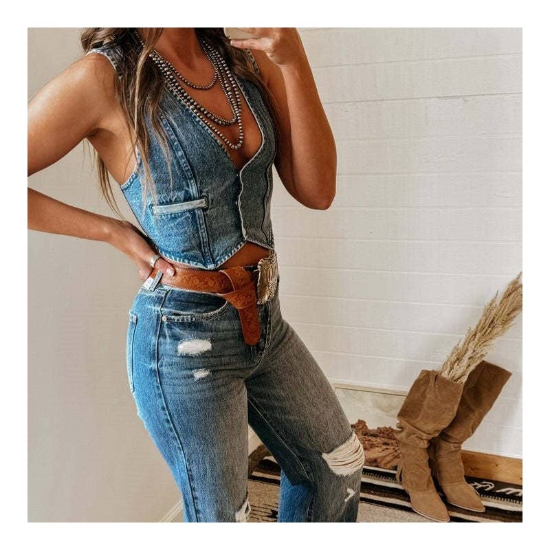 Sleeveless V-Neck Denim Vest In Solid Color