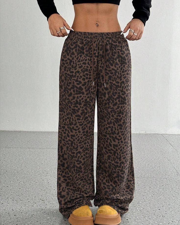 Casual Drawstring Leopard Print Wide-Leg Pants