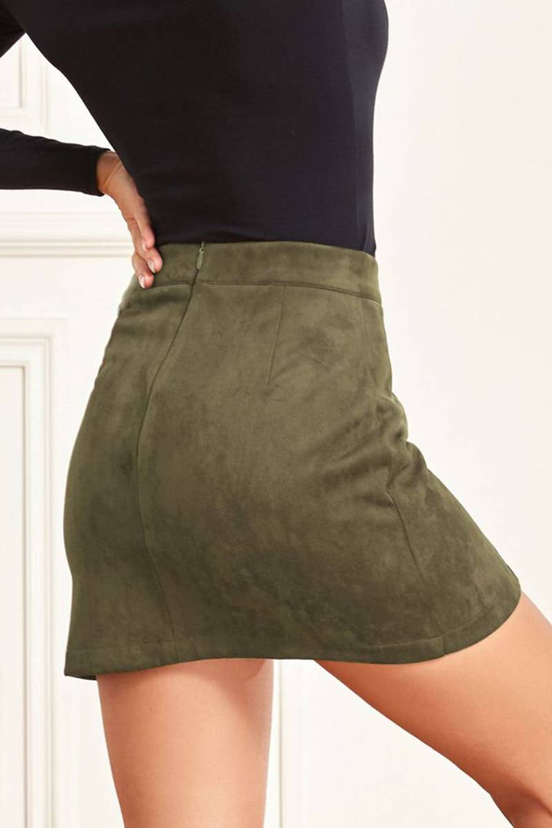 Suede wrap hip high waist zipper A-line skirt
