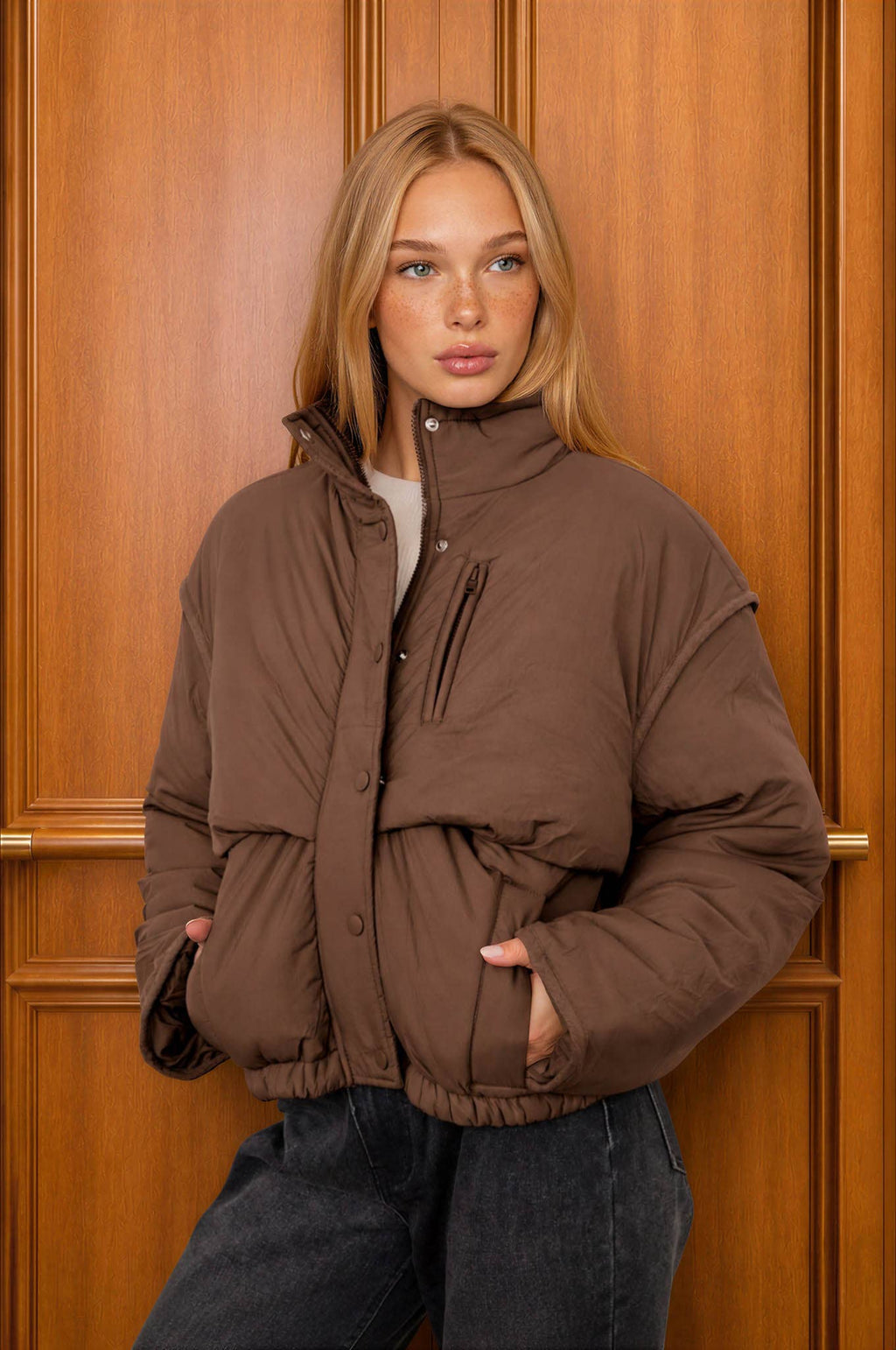 STAND COLLAR SNAP BUTTON PUFFER CROP JACKET (PRE🤍ORDER)