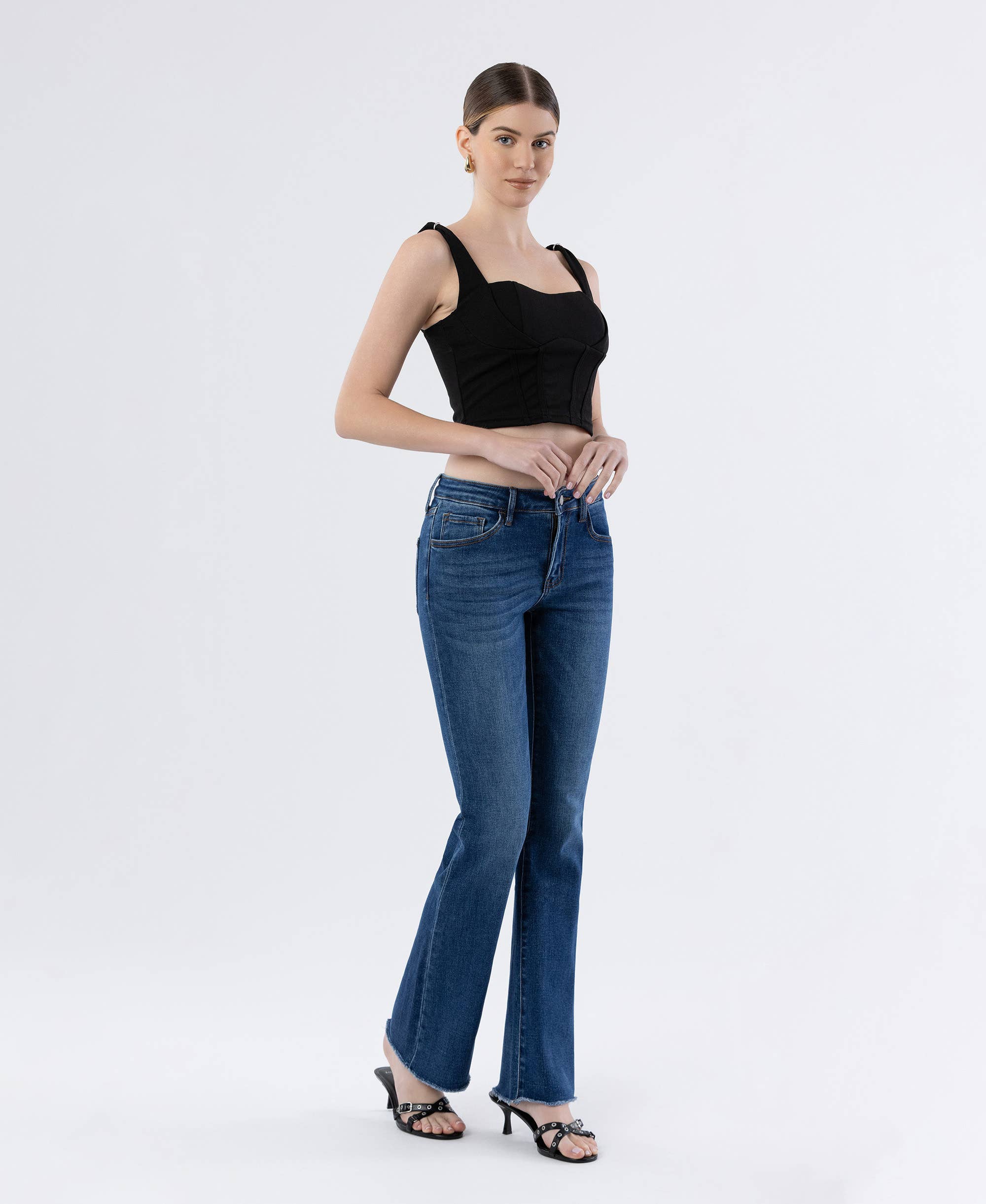 MID RISE RAW HEM DARK WASH BOOTCUT JEANS
