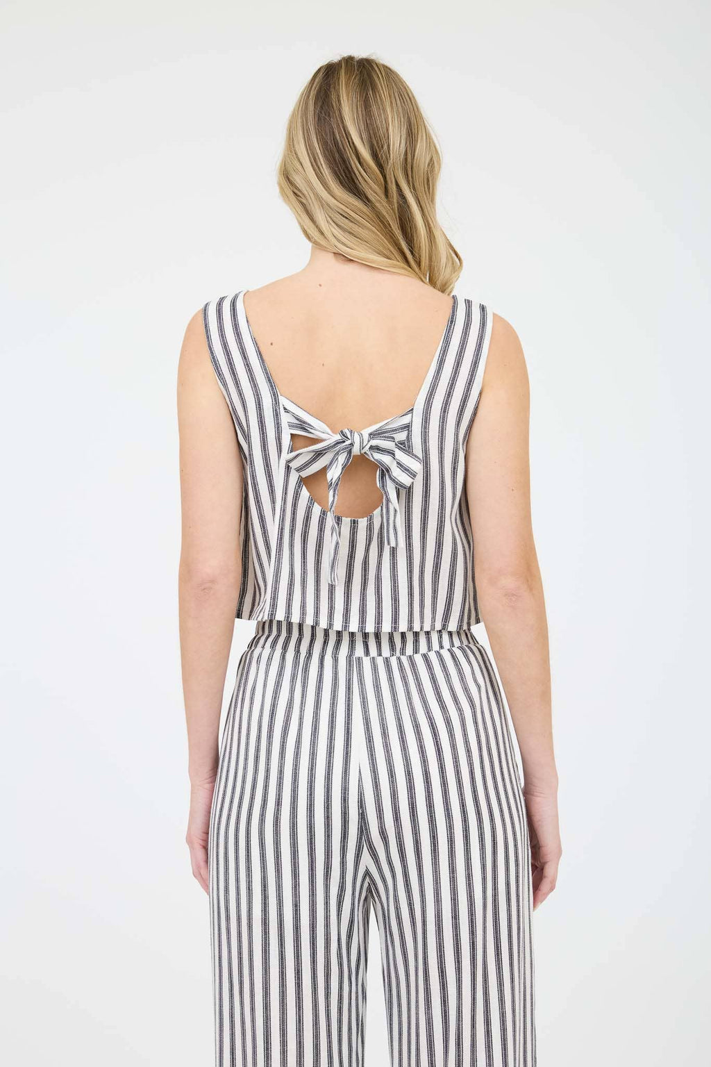 STRIPE LINEN BACK TIE DETAIL SLEEVELESS TOP