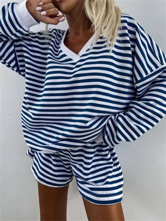 Striped V-Neck Oversized Sweatshirt And Shorts Set