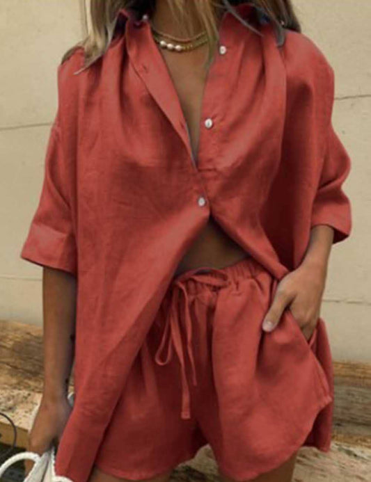 Solid Color Button Down Shirt & Shorts Set