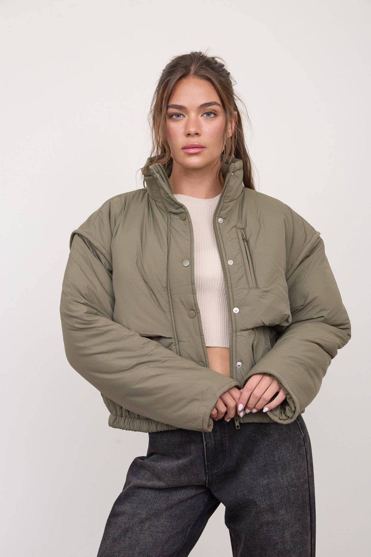 STAND COLLAR SNAP BUTTON PUFFER CROP JACKET (PRE🤍ORDER)