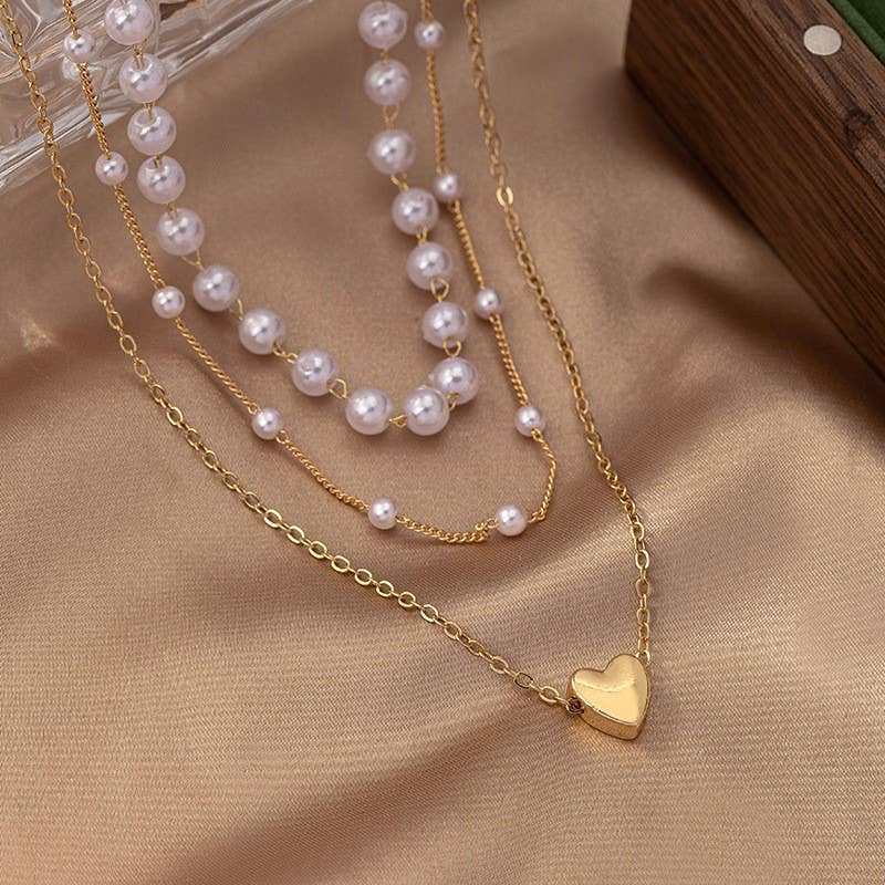 Double Pearl Layered Heart Necklace