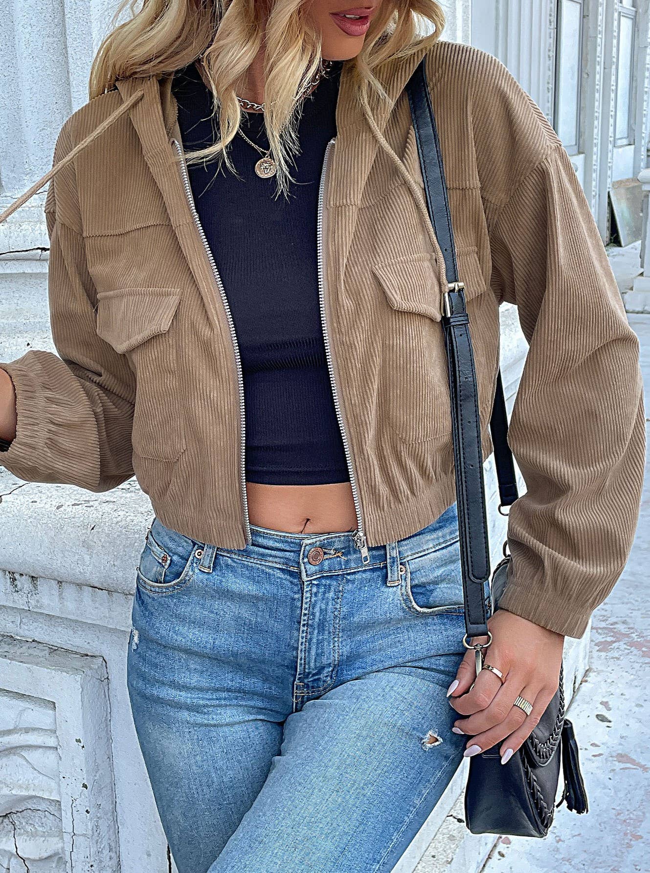 Zippered Hooded Vintage Cropped Corduroy Jacket