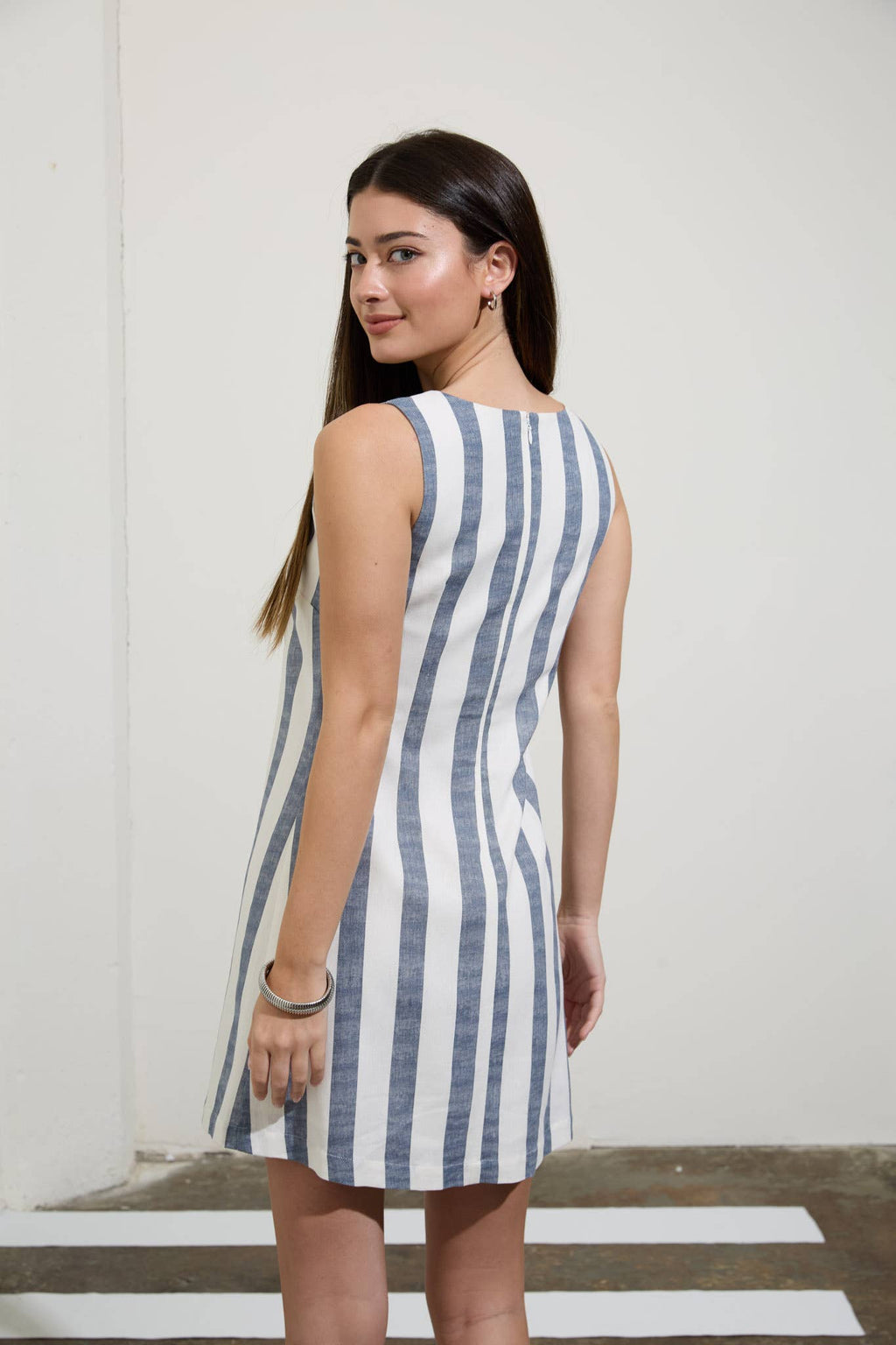 STRIPE SQUARE NECK SLEEVELESS LINEN MINI DRESS