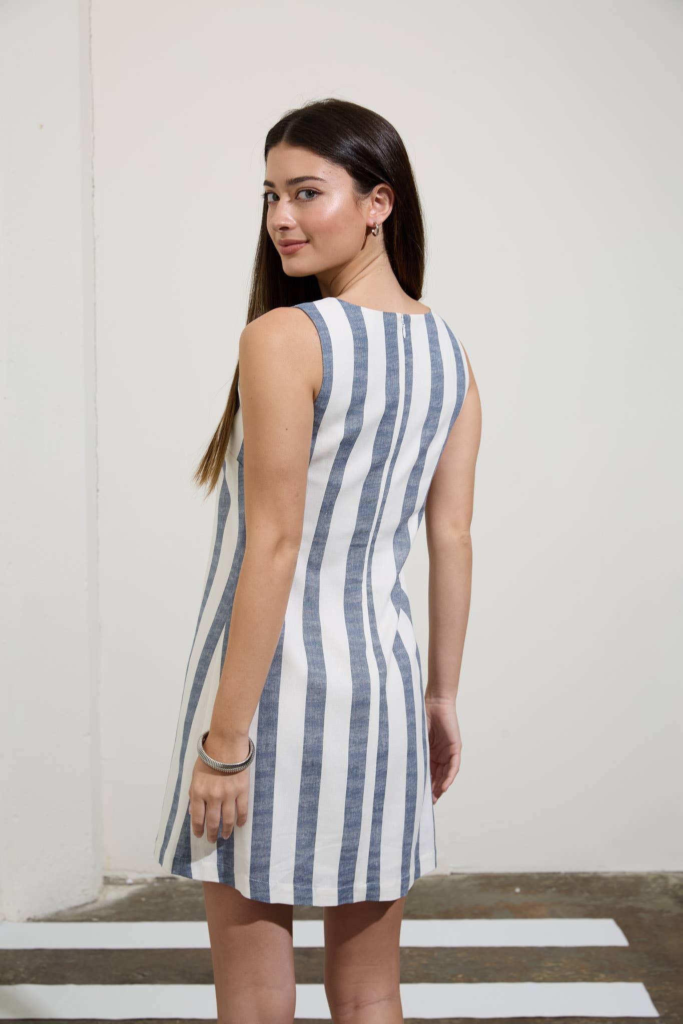 STRIPE SQUARE NECK SLEEVELESS LINEN MINI DRESS
