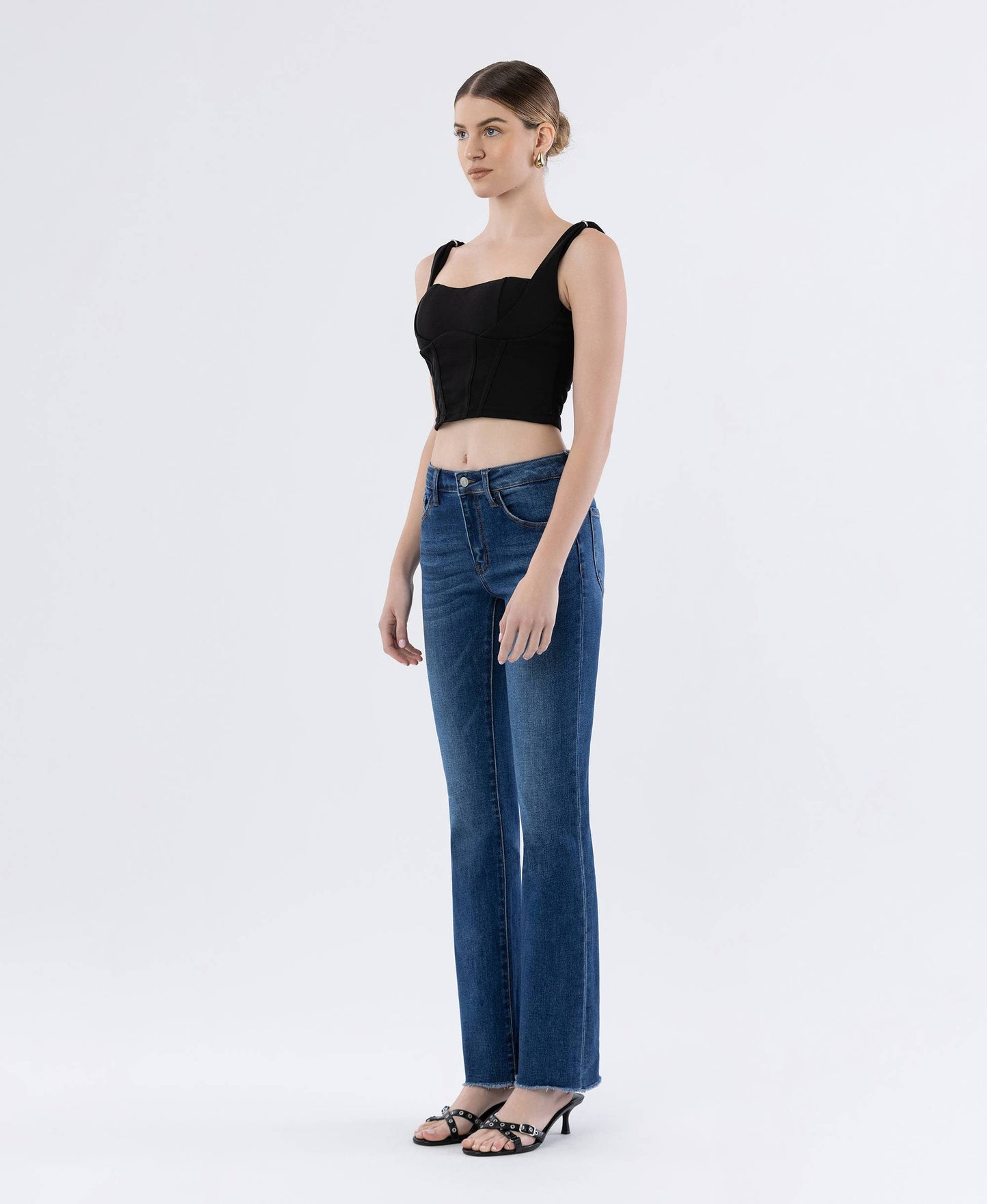 MID RISE RAW HEM DARK WASH BOOTCUT JEANS