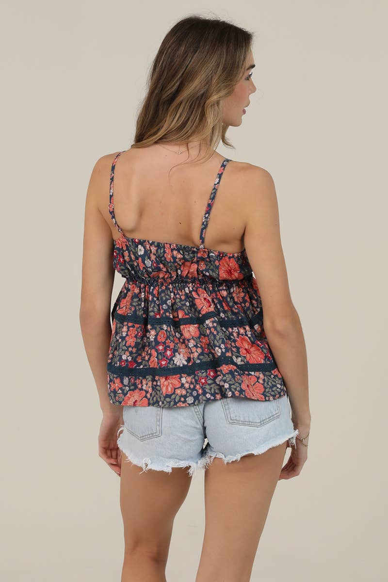 V NECK FLORAL PRINT LACE TRIM TIERED TANK TOP