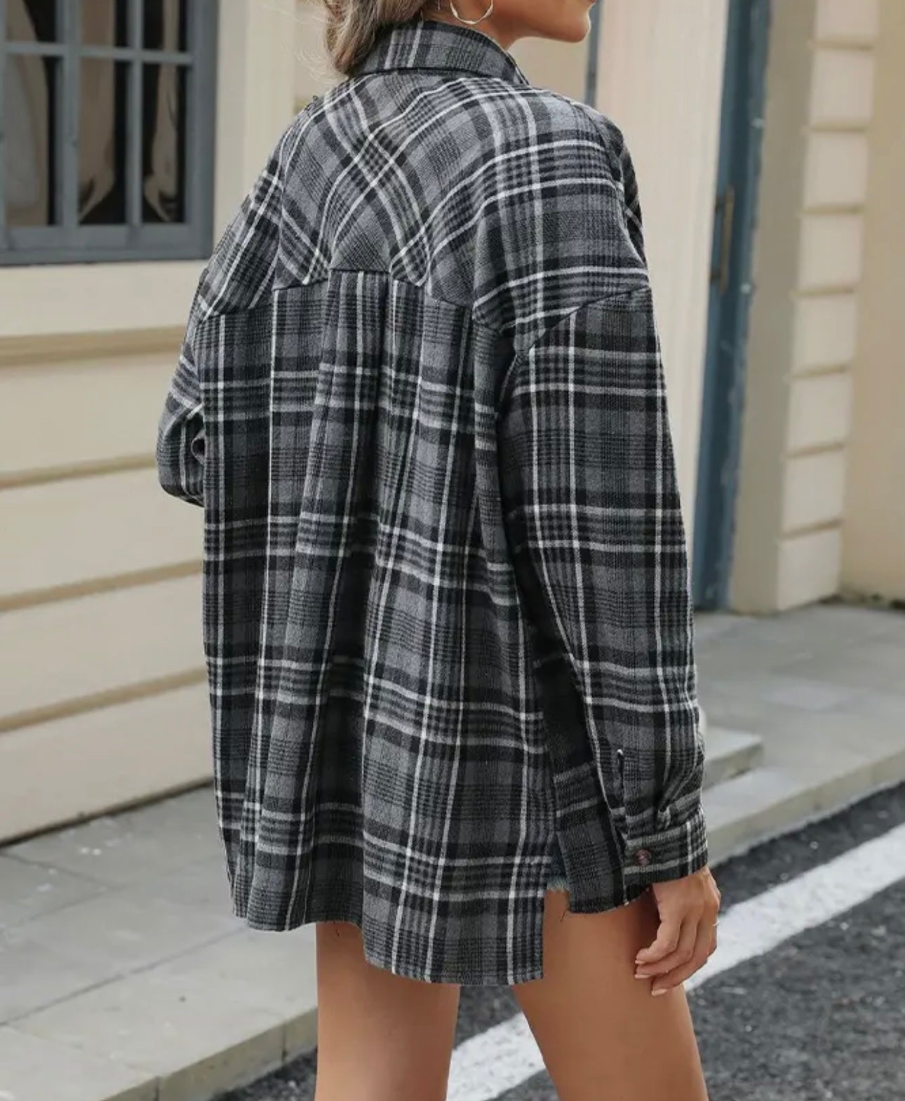 Collard Loose-Fit Long-Sleeve Checkered Shirt