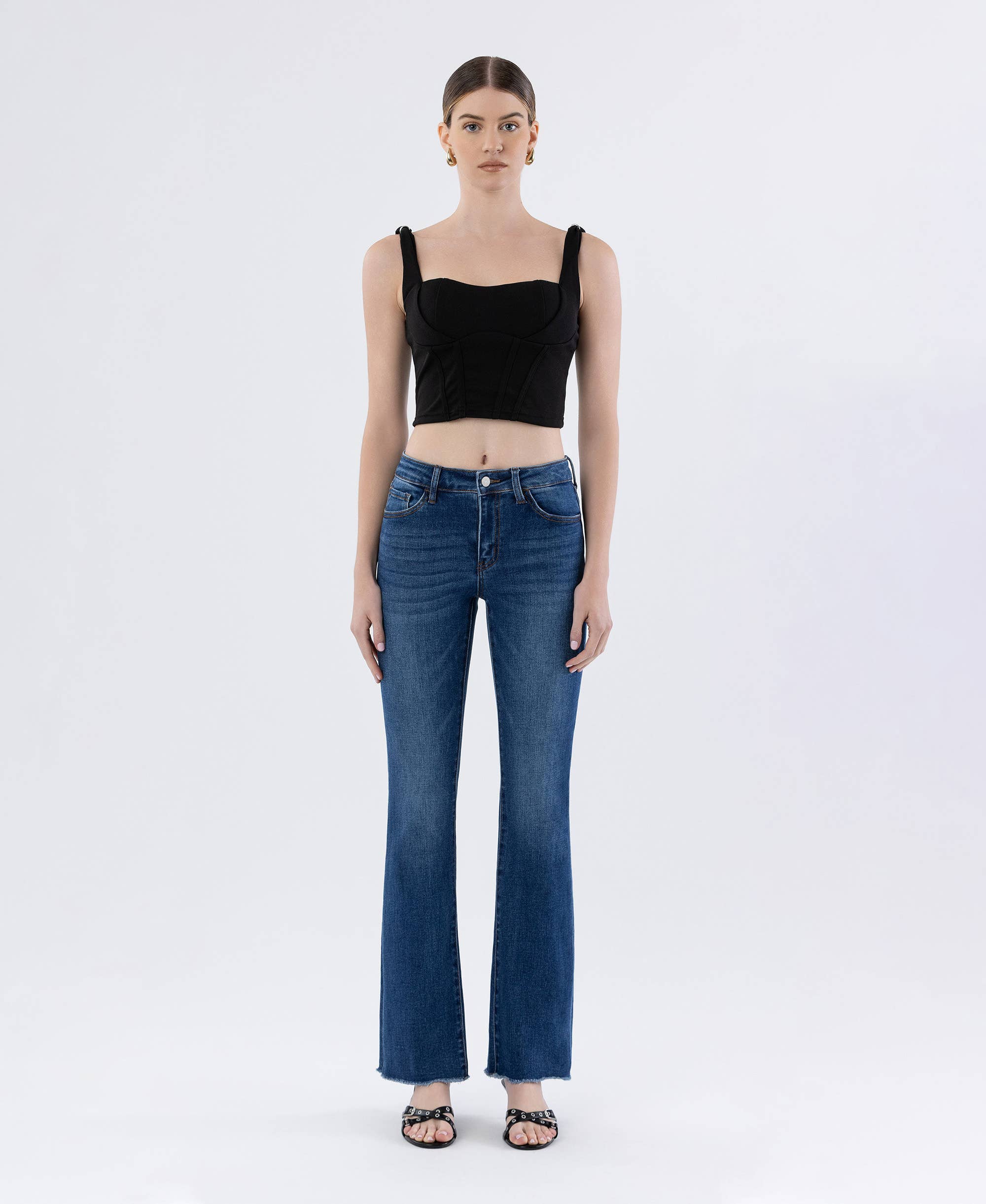 MID RISE RAW HEM DARK WASH BOOTCUT JEANS