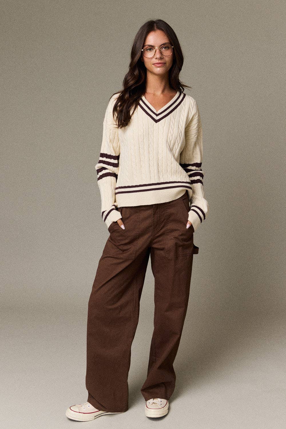 Cable Knit V-Neck Varsity Sweater (PRE🤍ORDER)