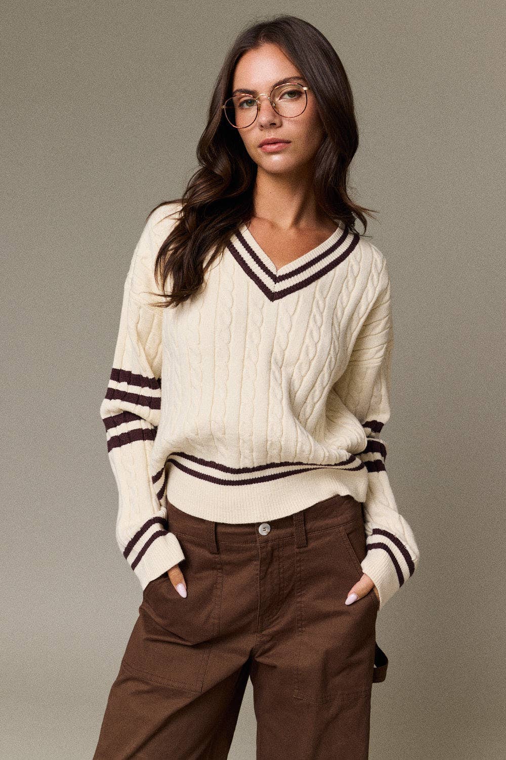 Cable Knit V-Neck Varsity Sweater (PRE🤍ORDER)