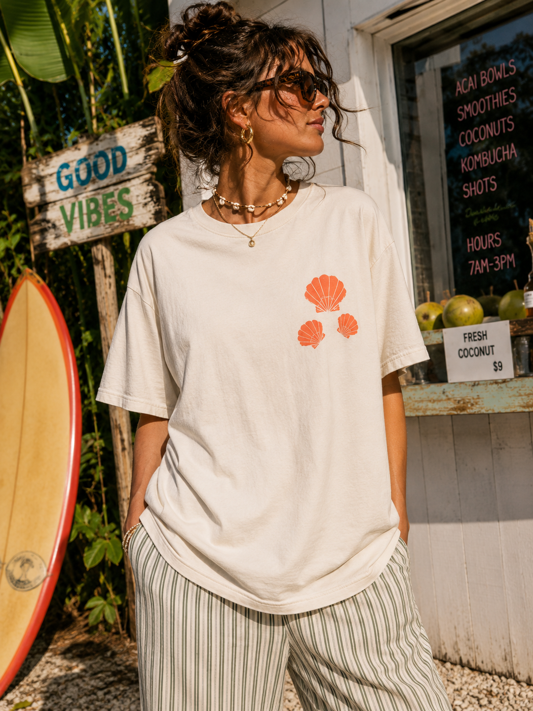 Tropical Stamps Front and Back Cream T-Shirt (PRE🤍ORDER)
