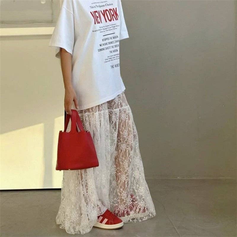 Elegant Lace Floral High-Waisted Midi Skirt (PRE🤍ORDER)