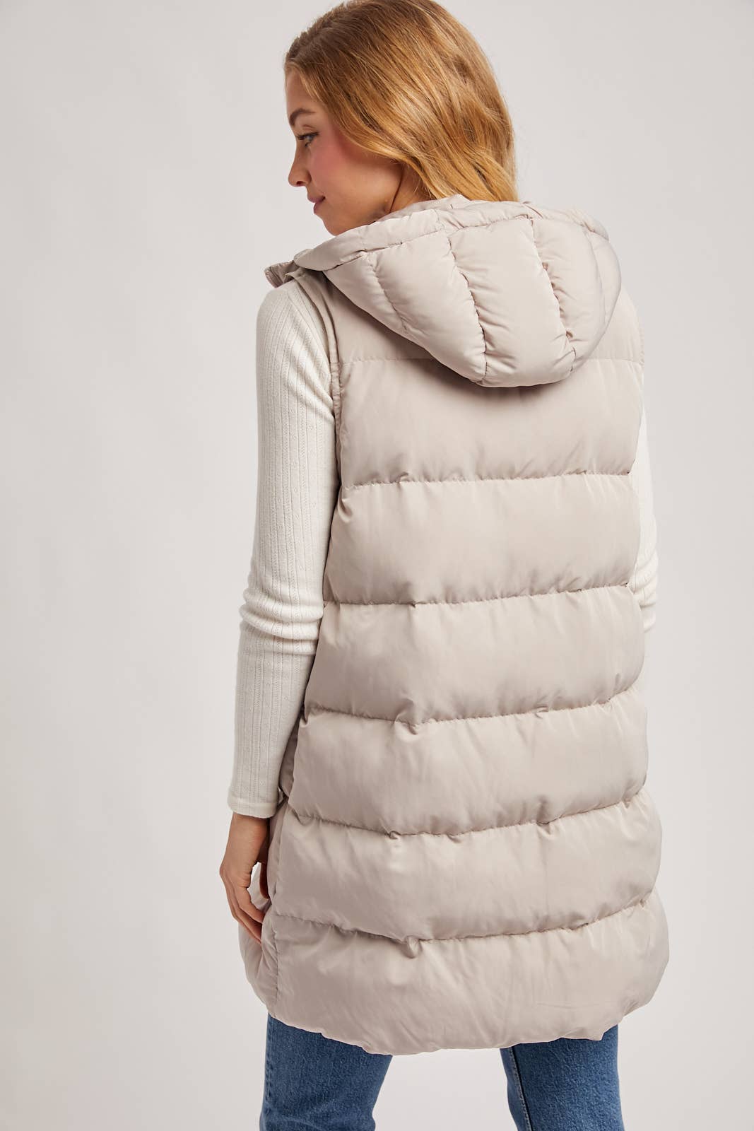 HOODED ZIPPER DOWN LONGLINE PUFFER VEST