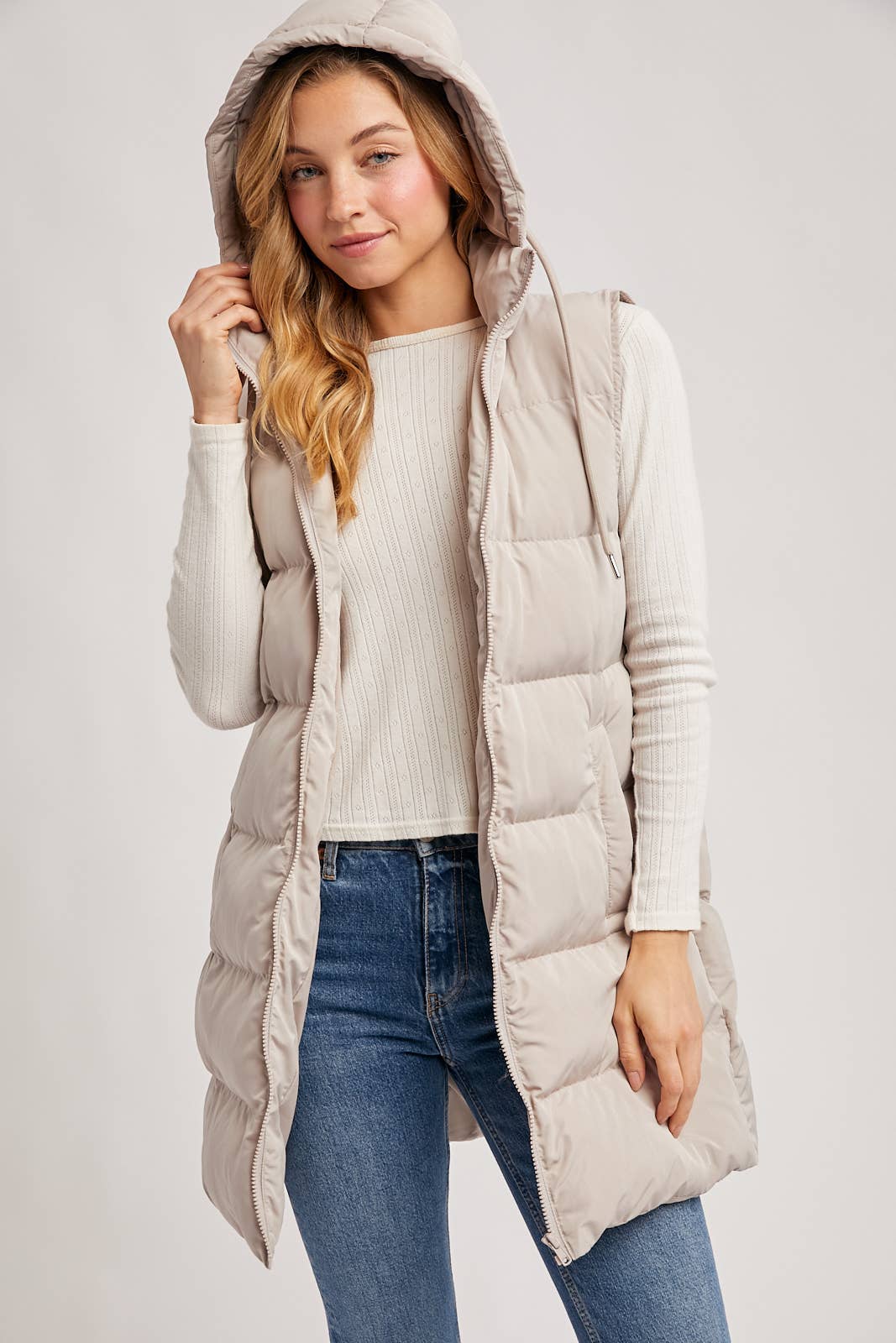 HOODED ZIPPER DOWN LONGLINE PUFFER VEST