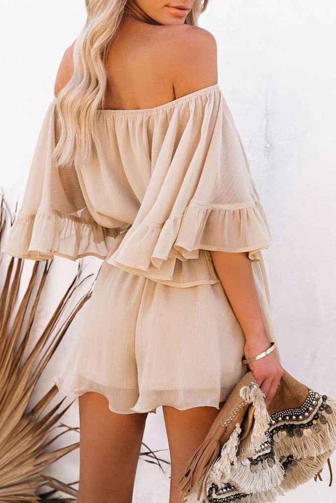 Chiffon off shoulder ruffle tiered romper
