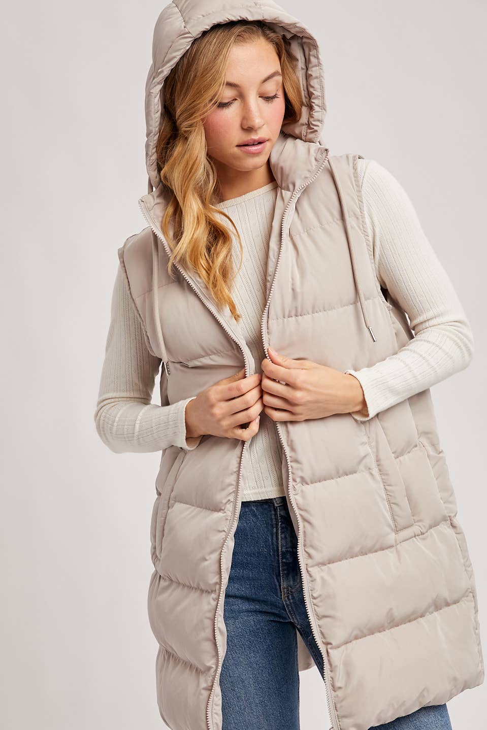 HOODED ZIPPER DOWN LONGLINE PUFFER VEST