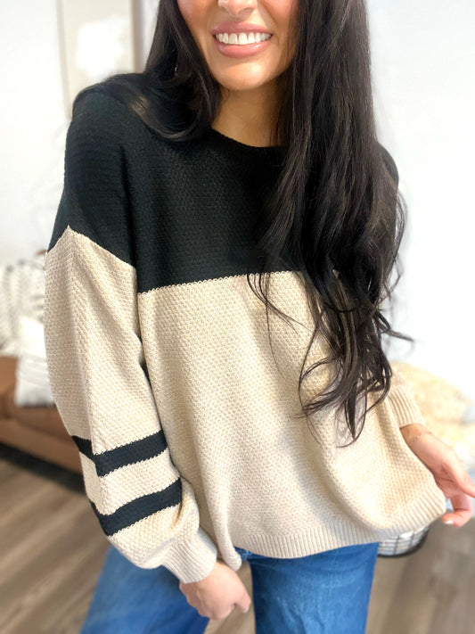Color-blocked long-sleeved round-neck sweater