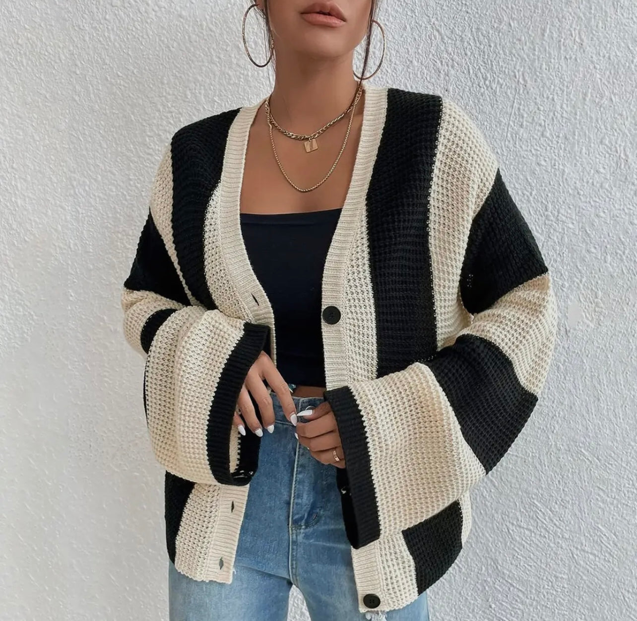 Striped Flared Sleeve Knit Cardigan