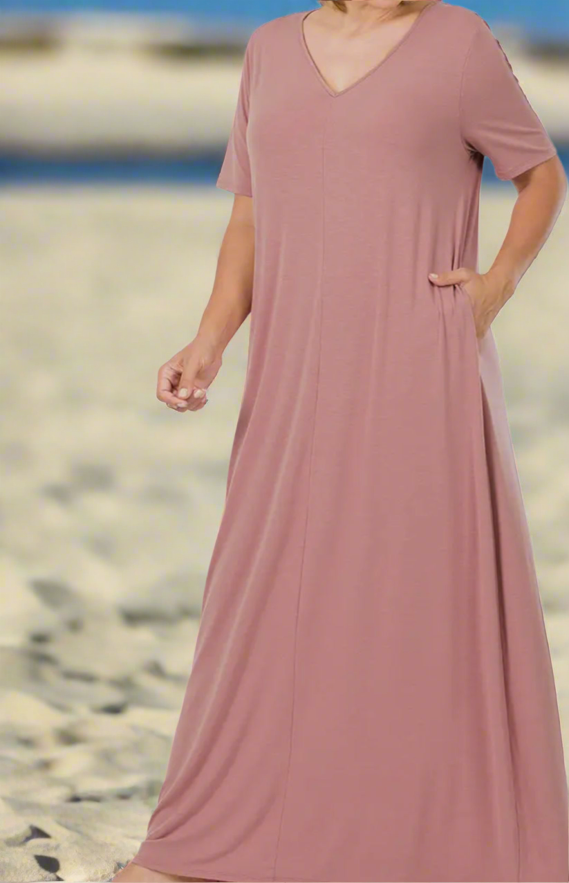 V-Neck Short Sleeve Maxi Dress With Side Pockets