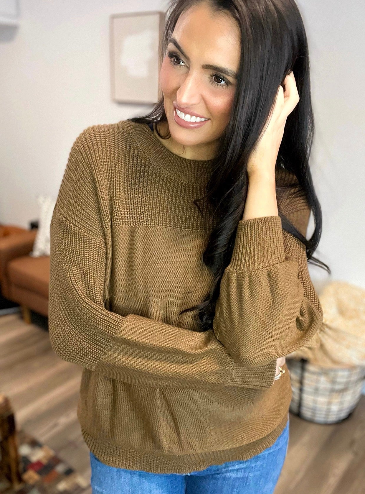 Loose solid color flat-neck knitted sweater