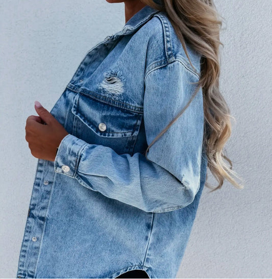 Washed Ribbed Long-Sleeve Denim Jacket