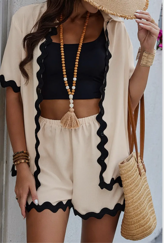 Color Block Two Piece Blouse Set