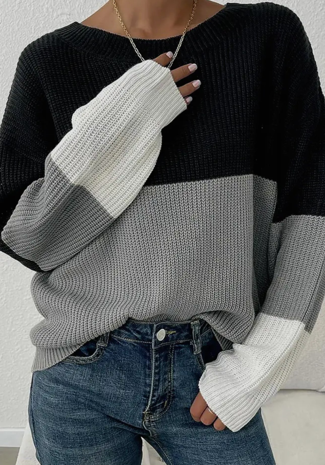 Color Block Knitting Long Sleeve Top