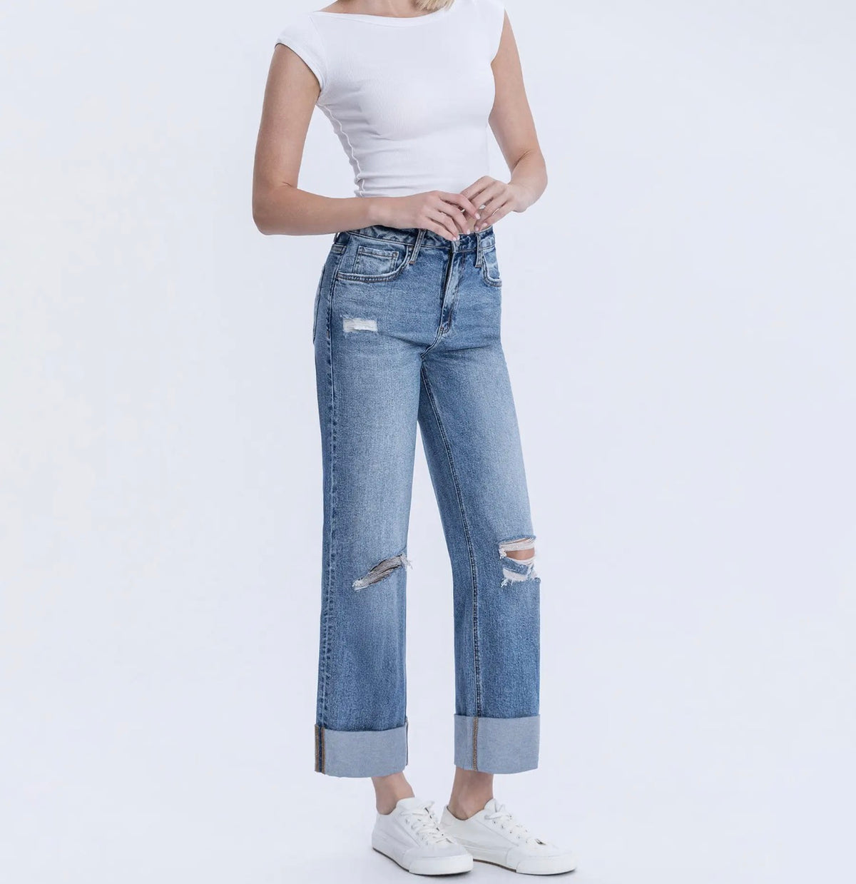 SUPER HIGH RISE DOUBLE CUFFED BAGGY WIDE JEANS