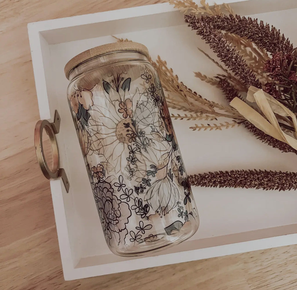 Fall Floral 16oz Glass Cup With Bamboo Lid