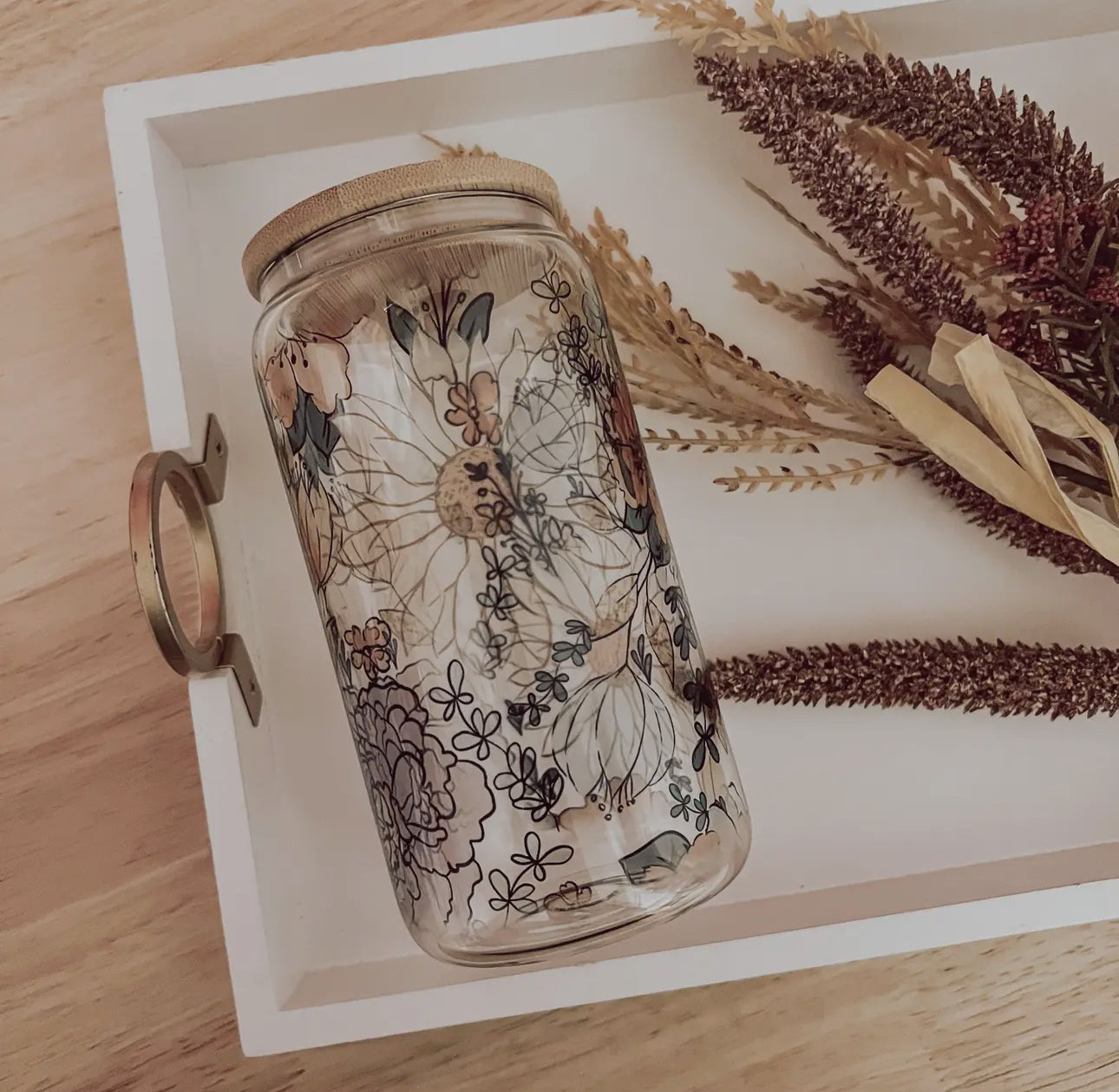 Fall Floral 16oz Glass Cup With Bamboo Lid