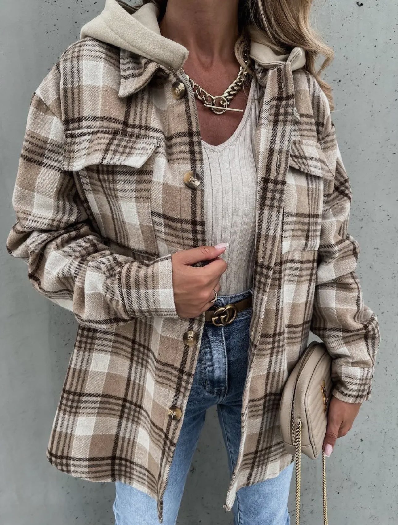 Autumn/Winter Hooded Plaid Button Shirt Jacket