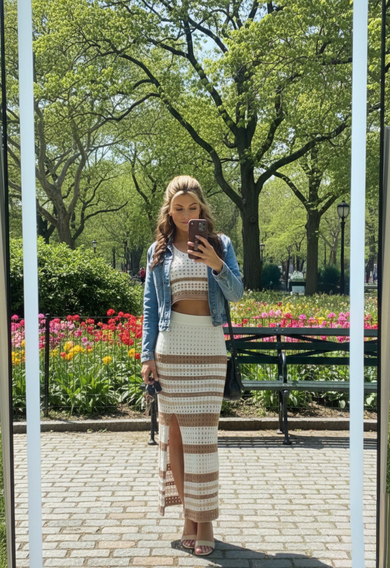 Khaki Color Stripped Crop Top & Skirt Set
