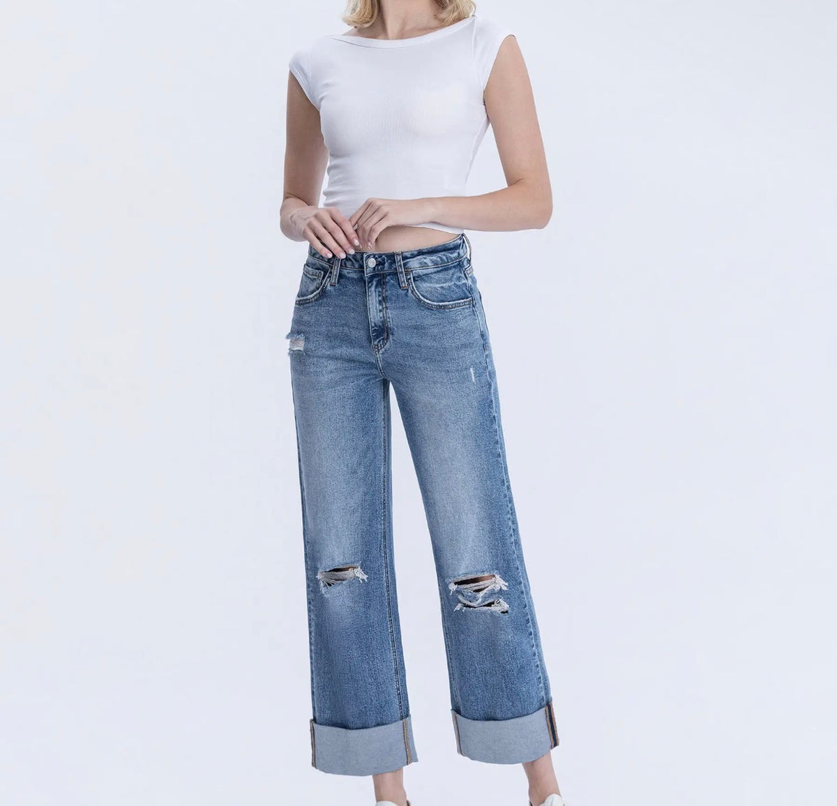 SUPER HIGH RISE DOUBLE CUFFED BAGGY WIDE JEANS