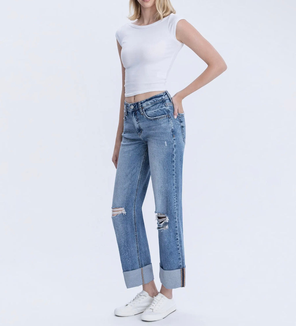 SUPER HIGH RISE DOUBLE CUFFED BAGGY WIDE JEANS