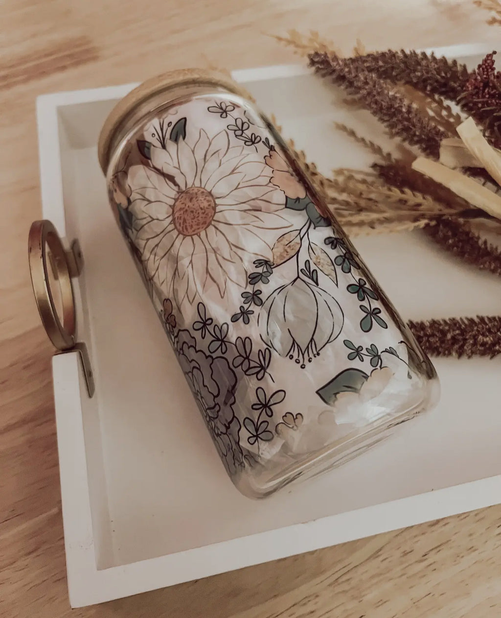 Fall Floral 16oz Glass Cup With Bamboo Lid