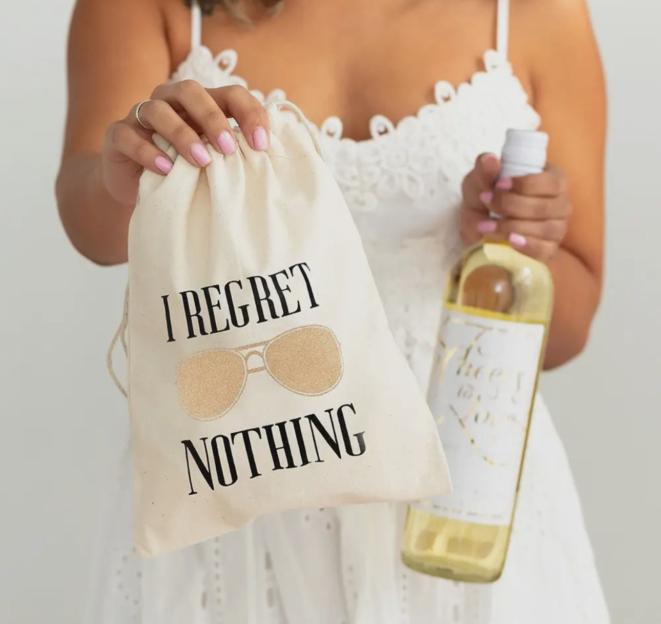 I Regret Nothing Hangover White Cotton Drawstring Gift Bag