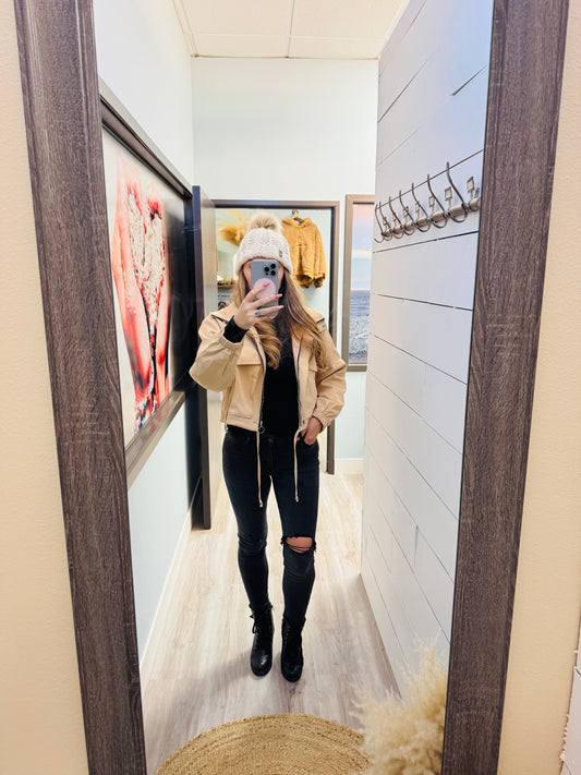 Drawstring Cropped Cargo Zipper Jacket