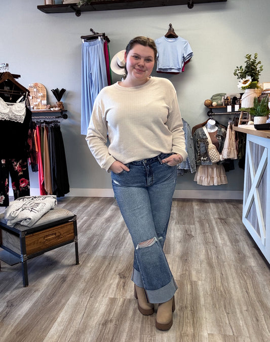 SUPER HIGH RISE DOUBLE CUFFED BAGGY WIDE JEANS