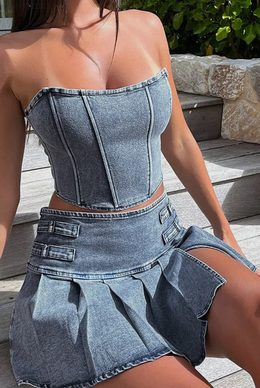 Blue Denim Corset Top And Skirt Set