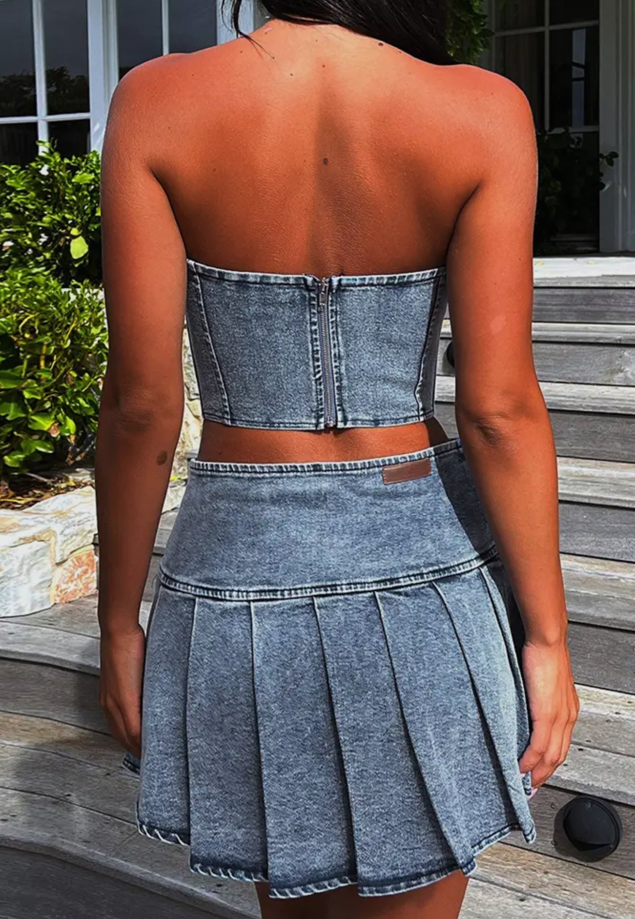 Blue Denim Corset Top And Skirt Set