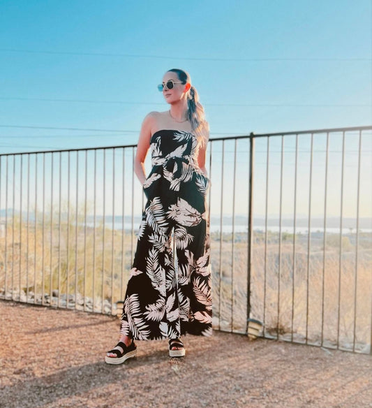 Black Palm Leave Print Wide Leg Jumpsuit